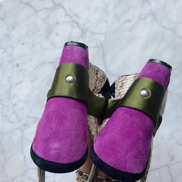 Ash Diane Green Purple Suede Satin Wedge Sandals - Picture 5 of 8